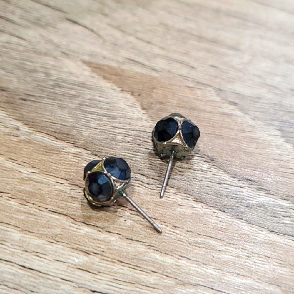 Gold stud earrings deep navy blue crystal